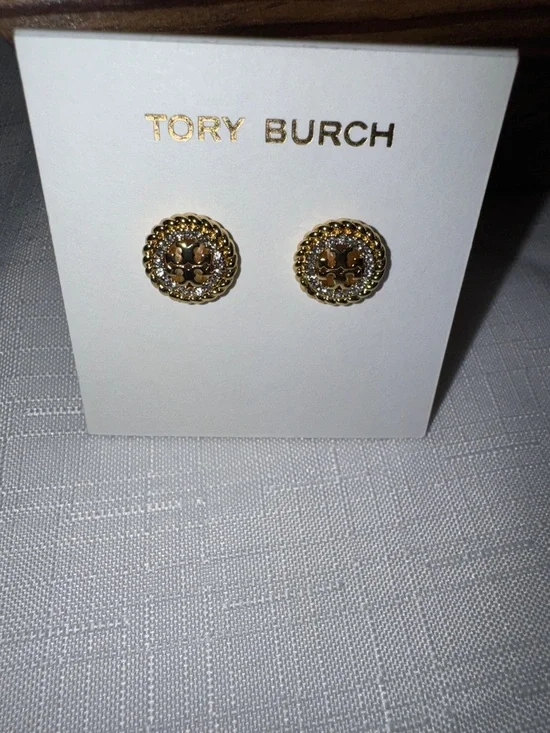 Tory Burch Gold-Tone Logo Crystal Round Stud Earrings - Picture 2 of 6